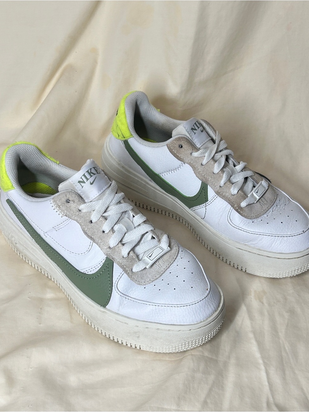 Nike Women's Air Force 1 PLT.AF.ORM sneakers in white, oil green, & volt size 8